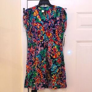 NWT Lauren By Ralph Lauren Multicolor "V" Neck Mini Dress Drawstring Shoulder, M